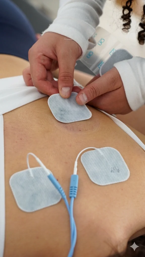 The Sedentary Desk Worker’s Survival Guide: 9 Home Rehab Exercises to Eliminate Lower Back Pain, Anterior Pelvic Tilt, and "Tech Neck" 2 Using TENS therapy electrode pads on a woman's lower back to relieve lower back pain from sitting