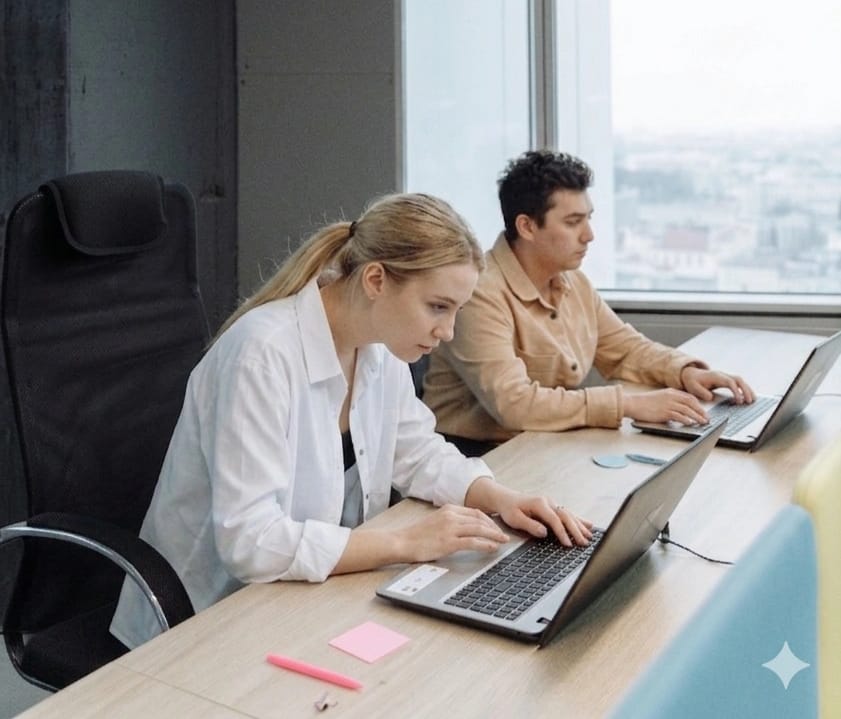 The Sedentary Desk Worker’s Survival Guide: 9 Home Rehab Exercises to Eliminate Lower Back Pain, Anterior Pelvic Tilt, and "Tech Neck" 1 A female office worker with poor posture leaning forward at her desk, experiencing tech neck and potential lower back pain from sitting long hours