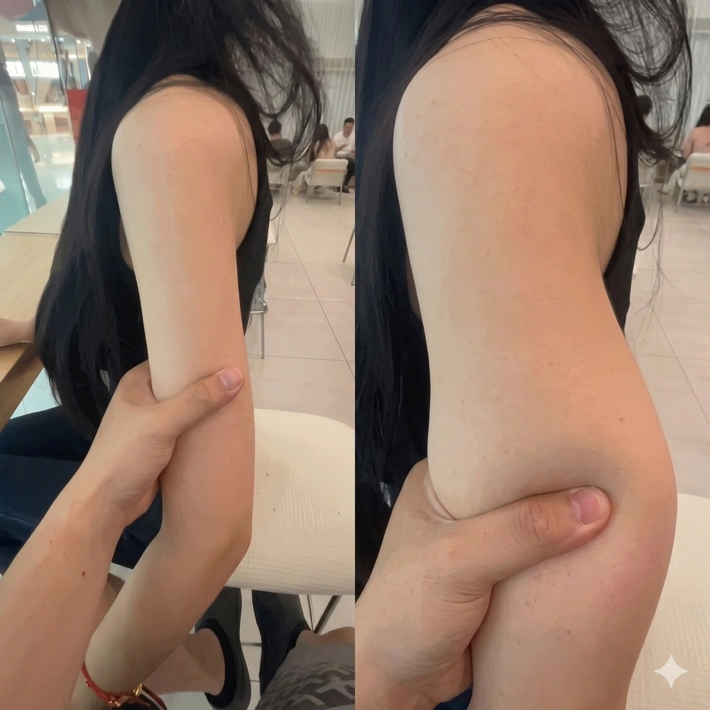A close-up side-by-side photo of a slender woman showing a skinny fat arm being pinched.