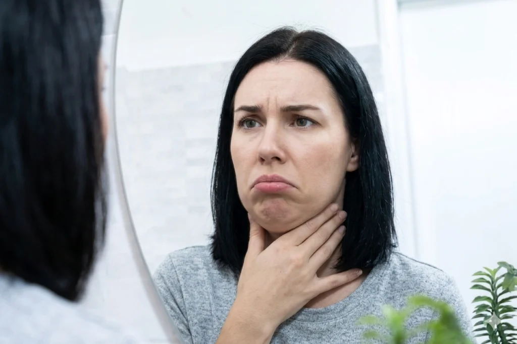 The Sedentary Desk Worker’s Survival Guide: 9 Home Rehab Exercises to Eliminate Lower Back Pain, Anterior Pelvic Tilt, and "Tech Neck" 3 A sad woman looking in a mirror and touching her neck, worried about tech neck double chin and postural issues caused by lower back pain from sitting