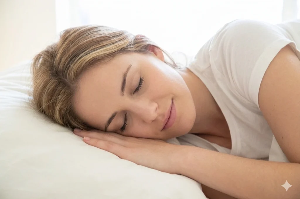 Close-up of a young blond woman sleeping peacefully on a white pillow, smiling slightly in her sleep to show good sleep quality.