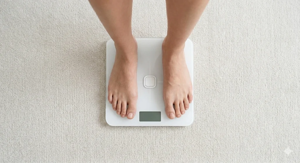 Top-down view of a woman's feet standing on a white digital bathroom scale on a carpeted floor, representing weight checking anxiety.