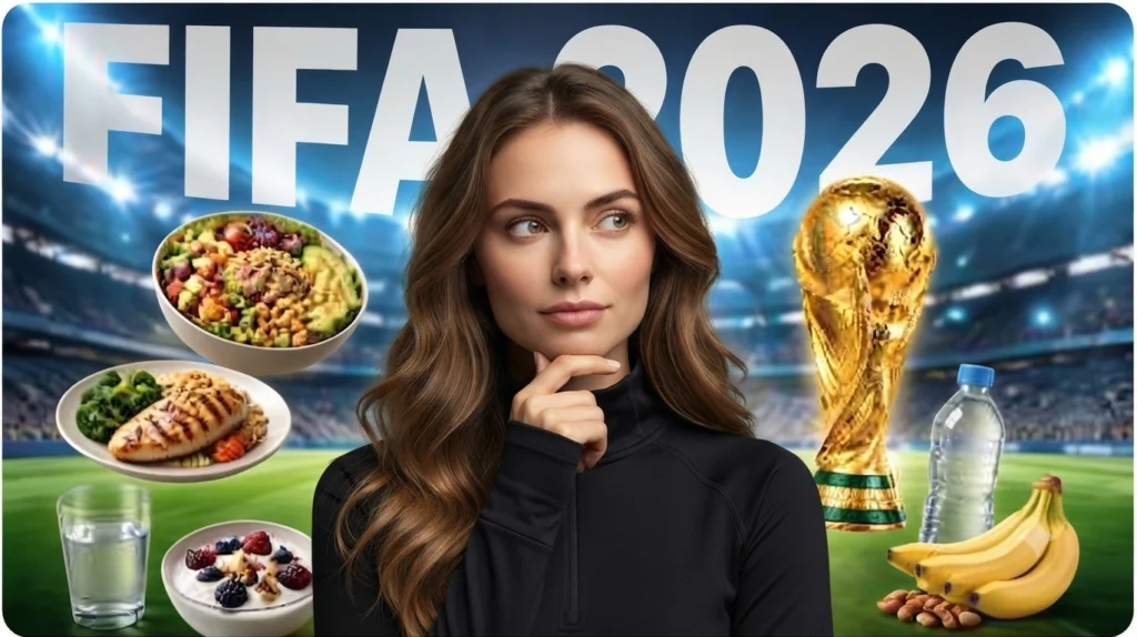 An image set against a World Cup backdrop, featuring a Western woman in the center resting her chin on her hand in a thoughtful pose, surrounded by various healthy foods (such as salad, chicken, fruit, yogurt, and mineral water), with the text "FIFA 2026" at the top.