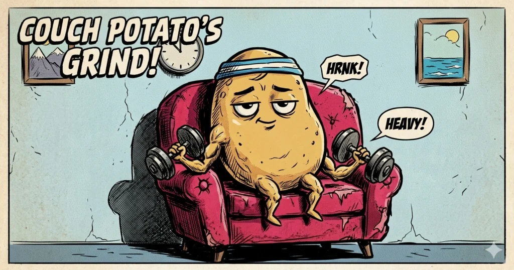 A humorous cartoon depicts a "fitness-loving couch potato," satirizing the idea that working out after hours alone can offset the physical risks associated with a sedentary lifestyle.