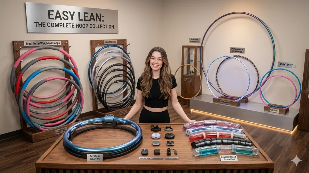 smart hula hoop vs. Traditional Hula Hoops: The Ultimate 2026 Comparison (No Bruises, No Drops!) 1 A professional fitness product guide infographic displaying six different types of hula hoops, including smart weighted hoop with timer, traditional weighted hoop, spring hoop, and lightweight plastic hoop, for at-home waist slimming comparison.