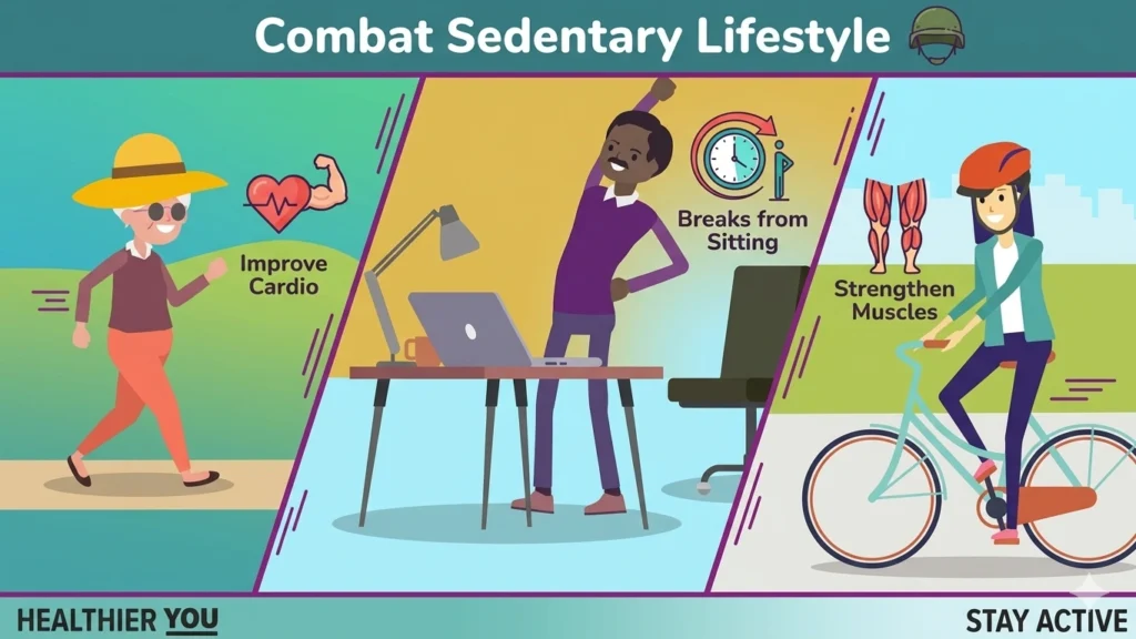 An infographic illustrating three healthy habits to combat a sedentary lifestyle: improving cardiopulmonary function through aerobic exercise, incorporating movement breaks at the workstation, and strengthening muscles through cycling.