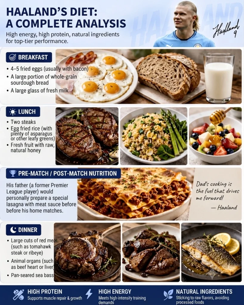 Erling Haaland daily diet and nutrition analysis infographic
