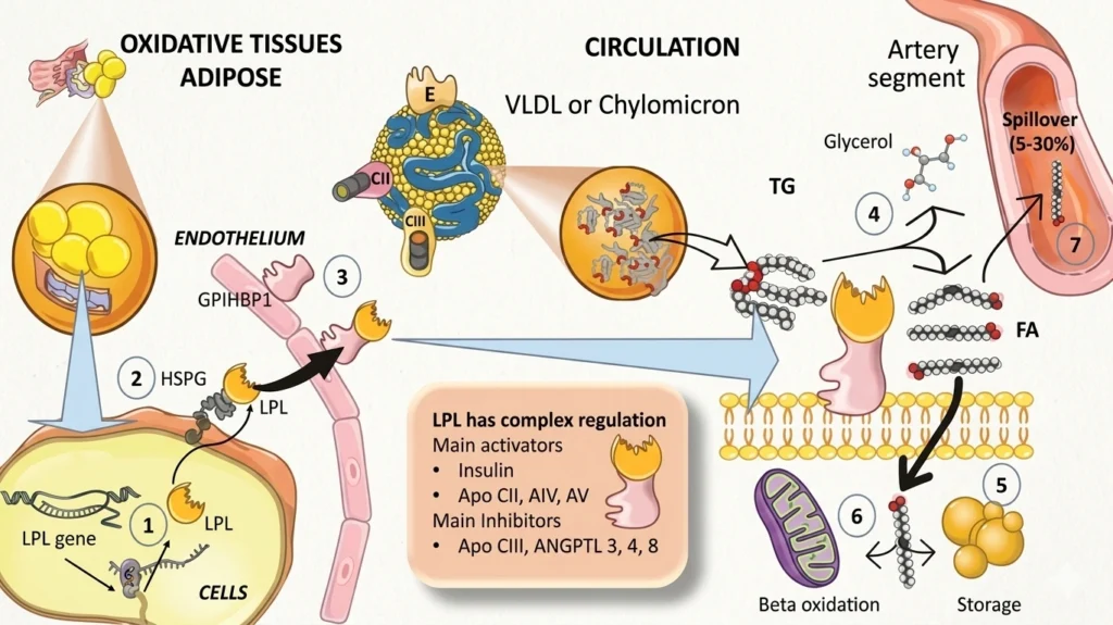 Schematic diagram of the lipoprotein lipase (LPL) metabolic pathway, illustrating how muscle contraction regulates blood lipid and fat metabolism by activating LPL.