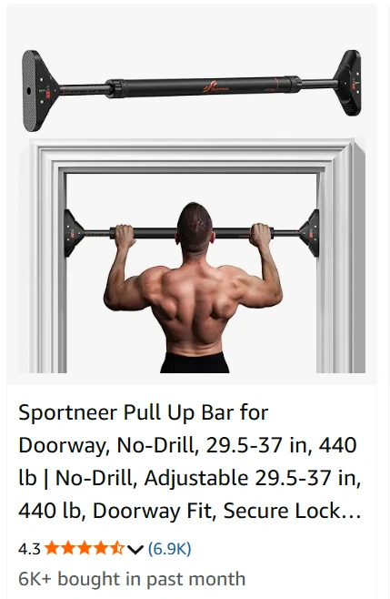 Sportneer no-drill pull up bar danger product listing on e-commerce site