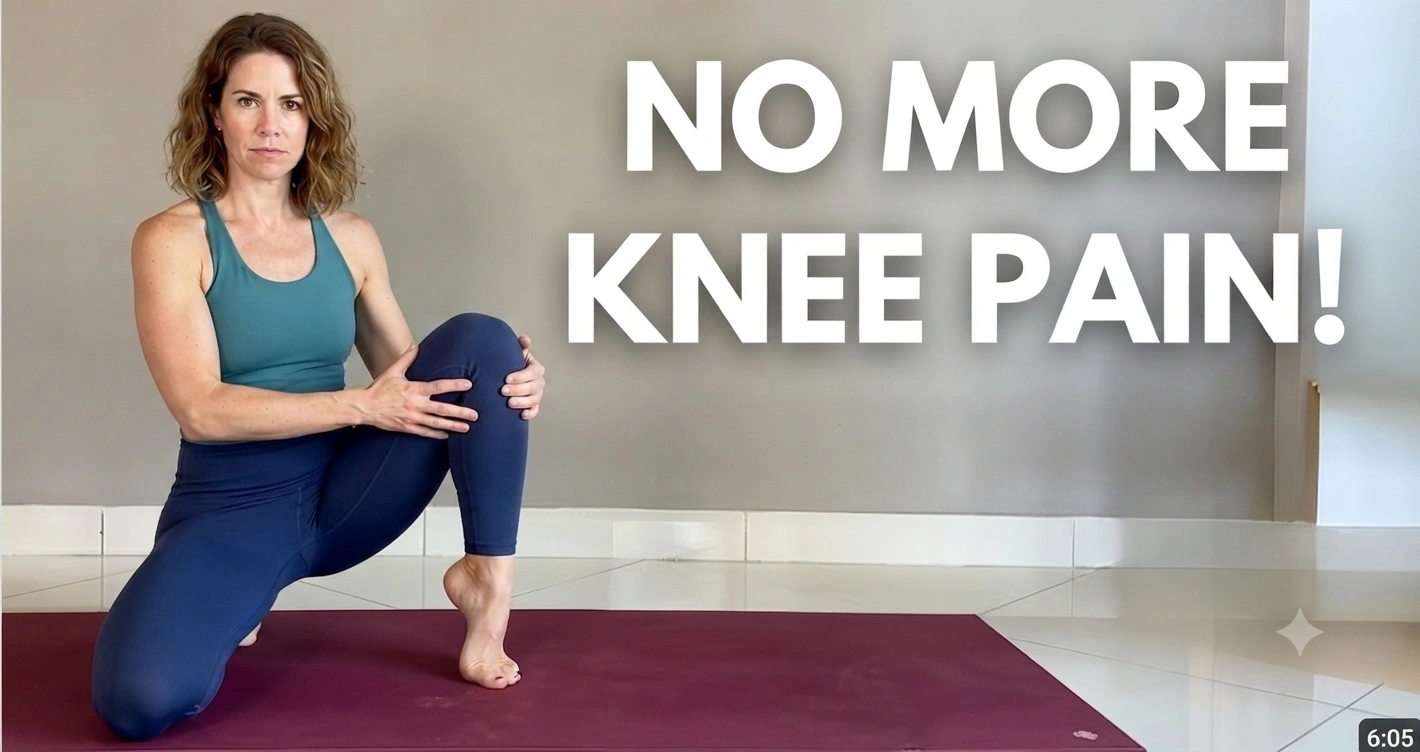 pilates-reformer-no-more-knee-pain A woman kneeling on a yoga mat performing a stability pose, with large white text overlay reading 'NO MORE KNEE PAIN!'. This post discusses low-impact home workouts for joint health.