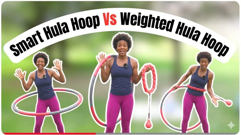 smart hula hoop vs. Traditional Hula Hoops: The Ultimate 2026 Comparison (No Bruises, No Drops!) 3 A YouTube video thumbnail overlay titled Smart Hula Hoop Vs Weighted Hula Hoop, showing a fitness woman holding a pink traditional weighted hoop and a red smart hoop with a gravity ball to review the two workout styles.