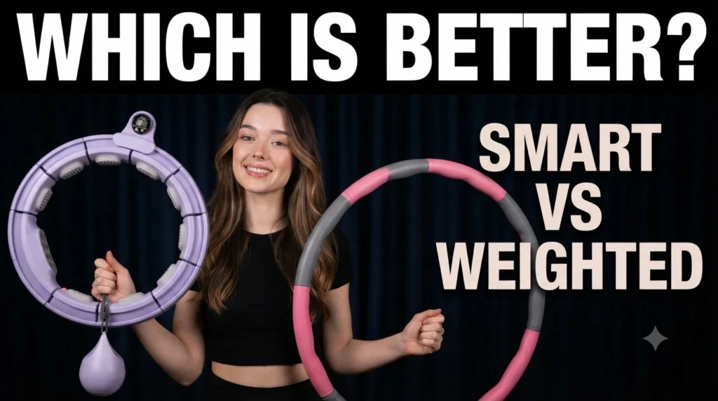 A smiling fitness woman holds a purple smart weighted hula hoop with an auto-counting timer in her right hand and a pink traditional foam-covered weighted hoop in her left hand, illustrating a direct comparison review for at-home weight loss workouts.
