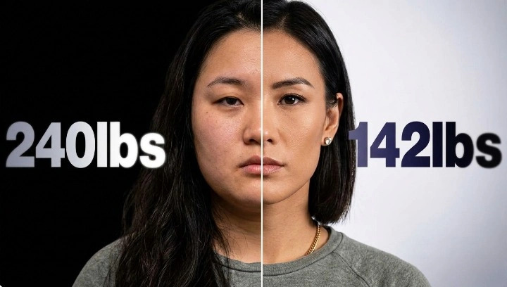Weight loss transformation showing physical changes before and after.