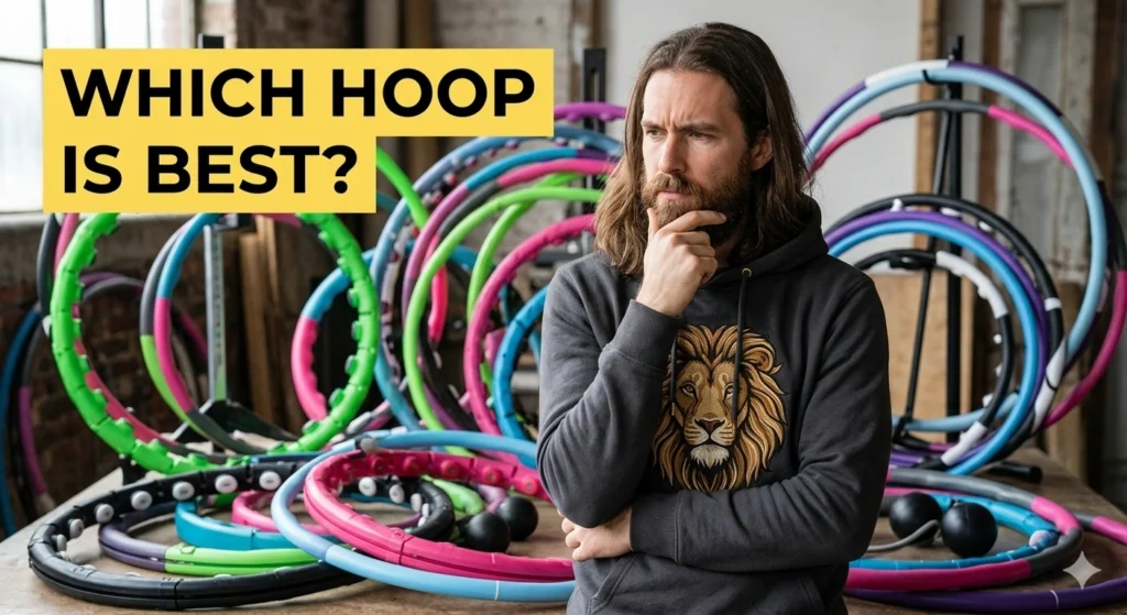 smart hula hoop vs. Traditional Hula Hoops: The Ultimate 2026 Comparison (No Bruises, No Drops!) 4 A YouTube video thumbnail overlay titled Which Hoop Is Best, showing a male fitness reviewer with a beard thoughtfully pondering in front of a large collection of colorful smart weighted hula hoops and traditional rings.