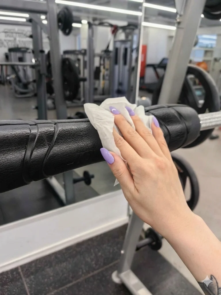 Shattering the Gym Illusion: Western Media’s Equipment Germ Exposé & The Modern Woman's Home Sanctuary 6 addressing gym hygiene issues with disinfectant wipes