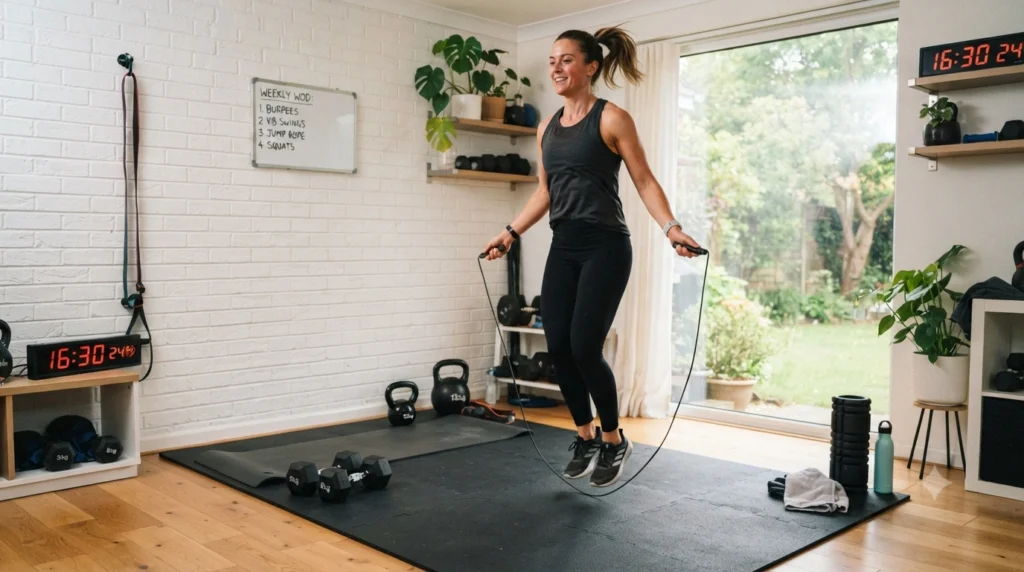 Refuse to be bound by a schedule: Why your home workout is the highest level of "omnivorous" exercise? 3 A woman doing at-home cross training and jumping rope in a well-equipped living room gym.