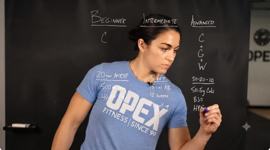 At-home cross training programming showing beginner, intermediate, and advanced workout levels on a chalkboard.