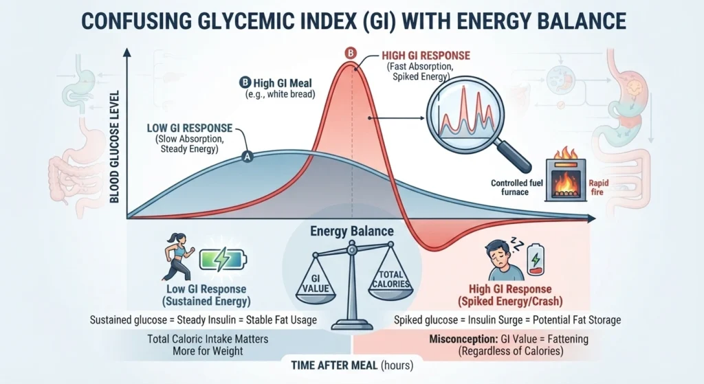 Wake Up! That "Health Halo" Low-GI Snack in Your Cart is Actually Making You Fatter Than Soda 2 Infographic comparing low-gi snack blood glucose response with energy balance and caloric intake scales