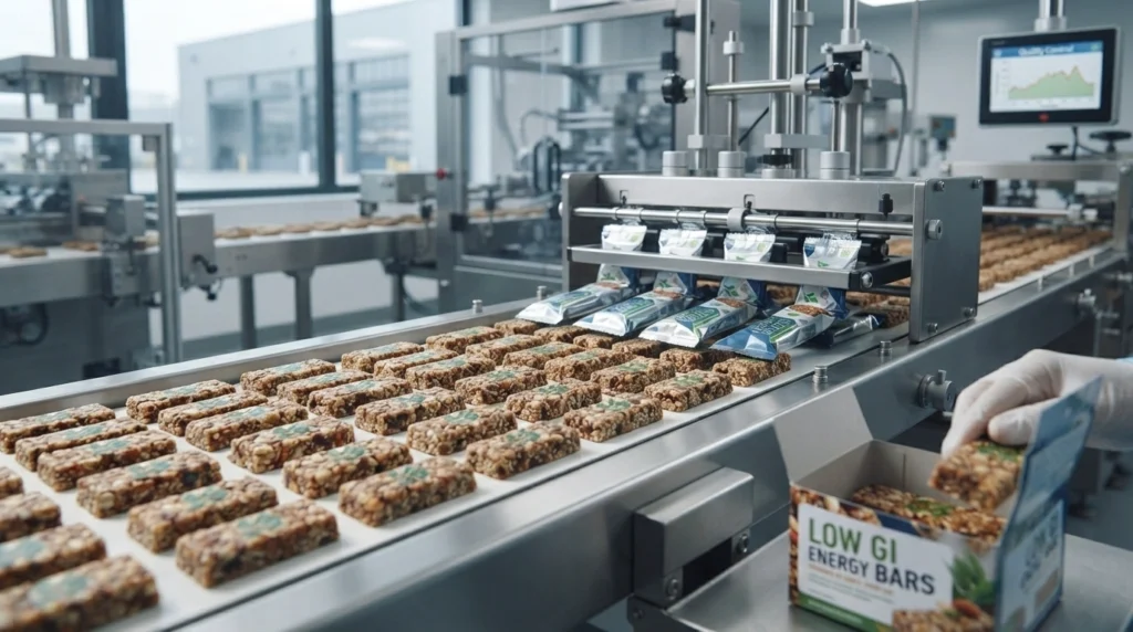 Wake Up! That "Health Halo" Low-GI Snack in Your Cart is Actually Making You Fatter Than Soda 3 Industrial production line manufacturing packaged low-gi snack bars in a food factory
