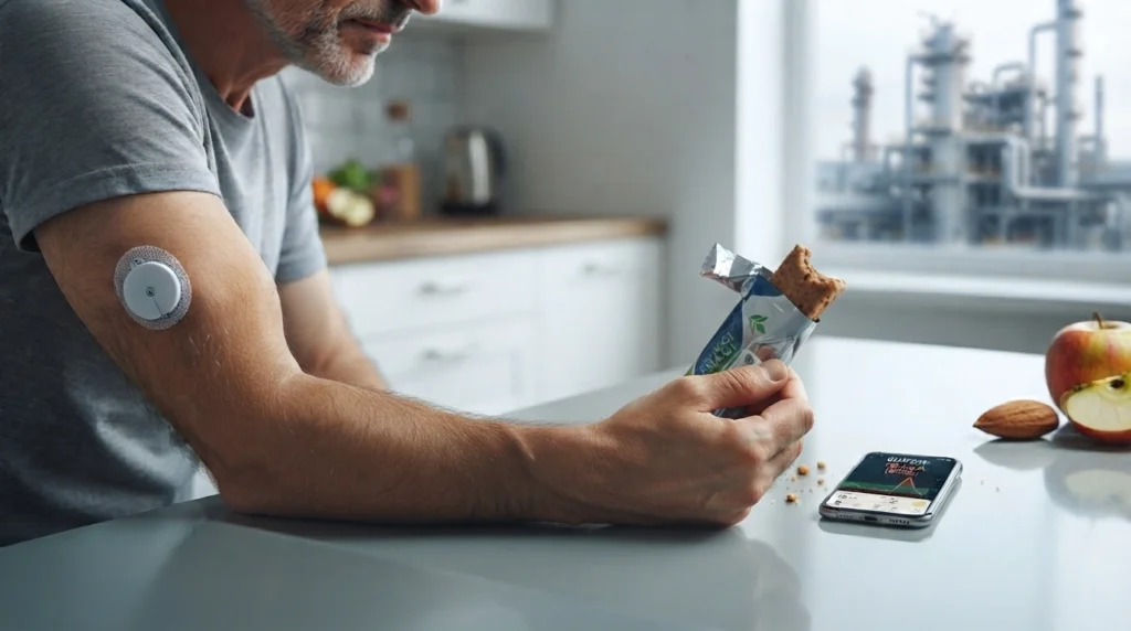 Wake Up! That "Health Halo" Low-GI Snack in Your Cart is Actually Making You Fatter Than Soda 1 A person wearing a glucose monitor holding a low-gi snack with a smartphone tracking app
