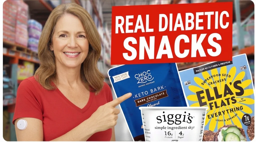 A woman pointing at a healthy low-gi snack in a supermarket grocery aisle
