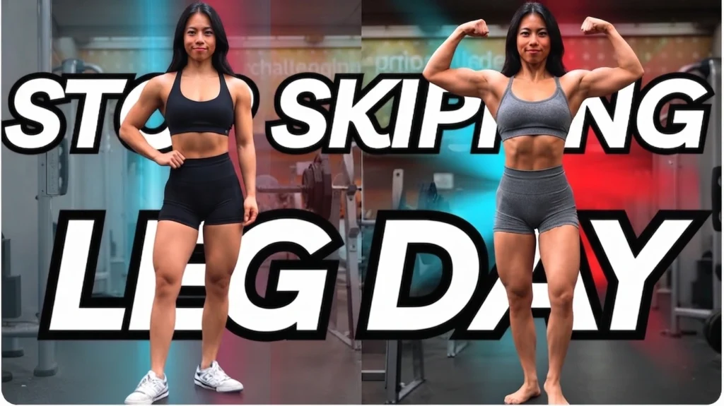 A fitness influencer showing leg muscles to explain why people hate leg day and stop skipping it.