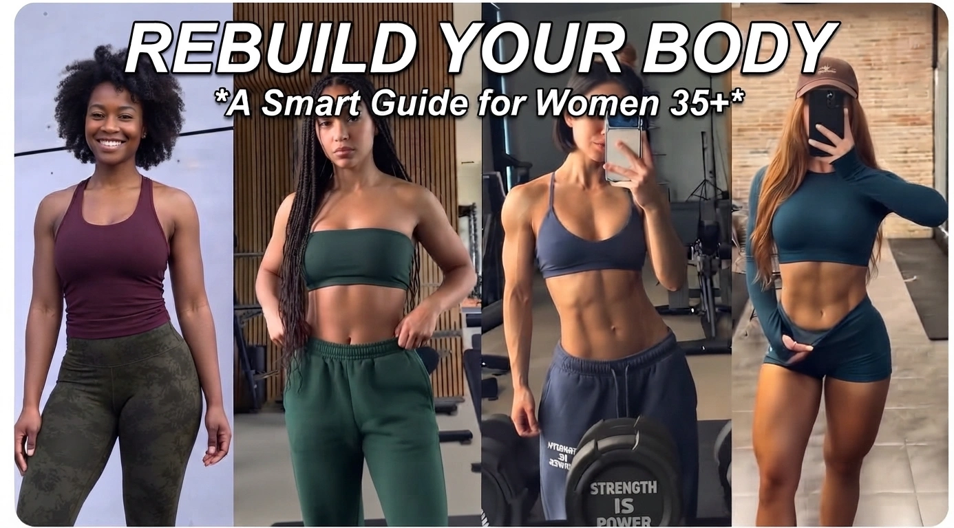 A four-panel fitness collage for women over 35, featuring the text "REBUILD YOUR BODY" and "A Smart Guide for Women 35+*". It shows diverse women with athletic and toned physiques in different fitness settings (modern wall and gym).